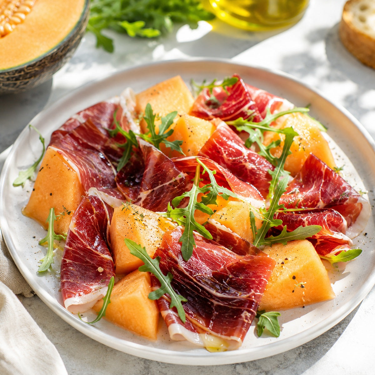 A gourmet starter of honeydew melon, rocket and slices of Mangalitza ham.