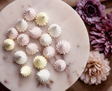 Meringue kisses on a plate in various pastel hues, with flowers on the side.