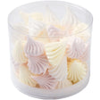 A box of meringue kisses in a range of pastel colours.