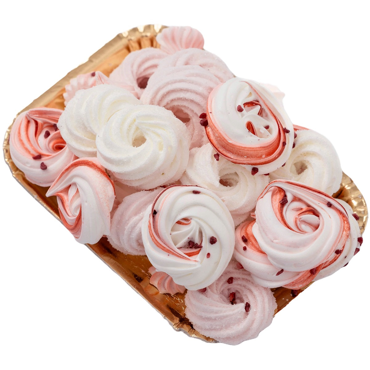A plate of white, pink and red meringue nests.