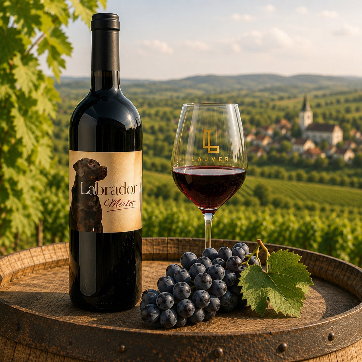Bottle of Labrador Merlot wine with a glass and grapes on a wooden barrel with vineyard background.