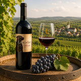 Bottle of Labrador Merlot wine with a glass and grapes on a wooden barrel with vineyard background.