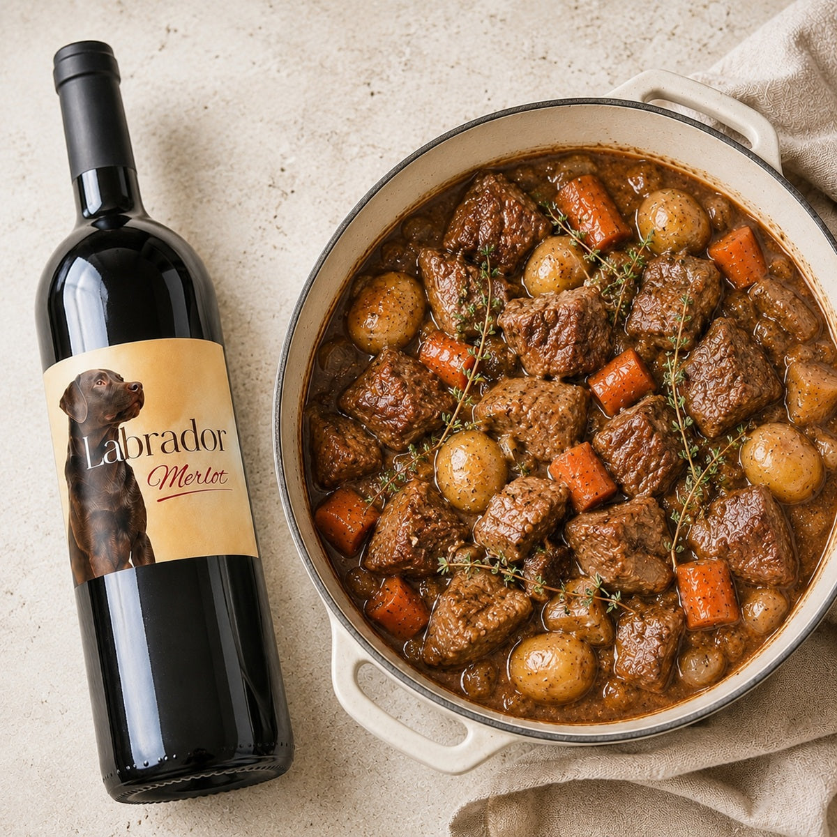 Bottle of Labrador Merlot wine next to a pot of slow-cooked beef bourguignon stew.