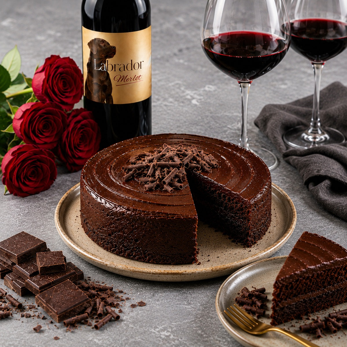 Chocolate cake with a slice taken out, surrounded by red roses, a bottle of merlot wine, and dark chocolate pieces.