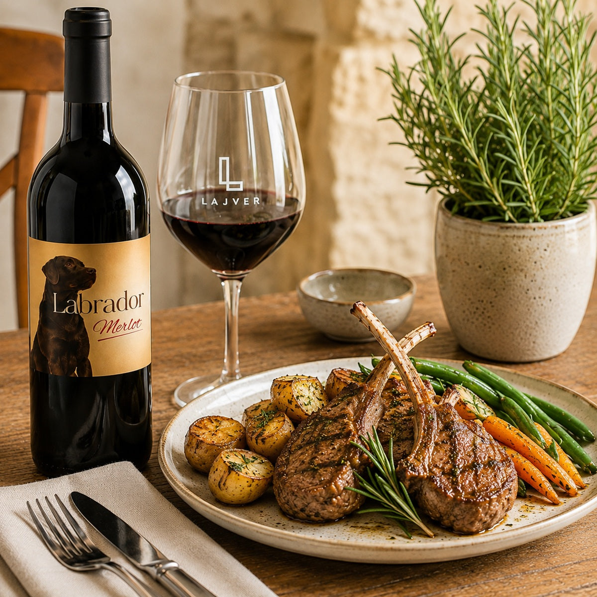 Dinner setting with a bottle of Labrador Merlot, a glass of red wine, and a plate of lamb chops, potatoes, and vegetables.