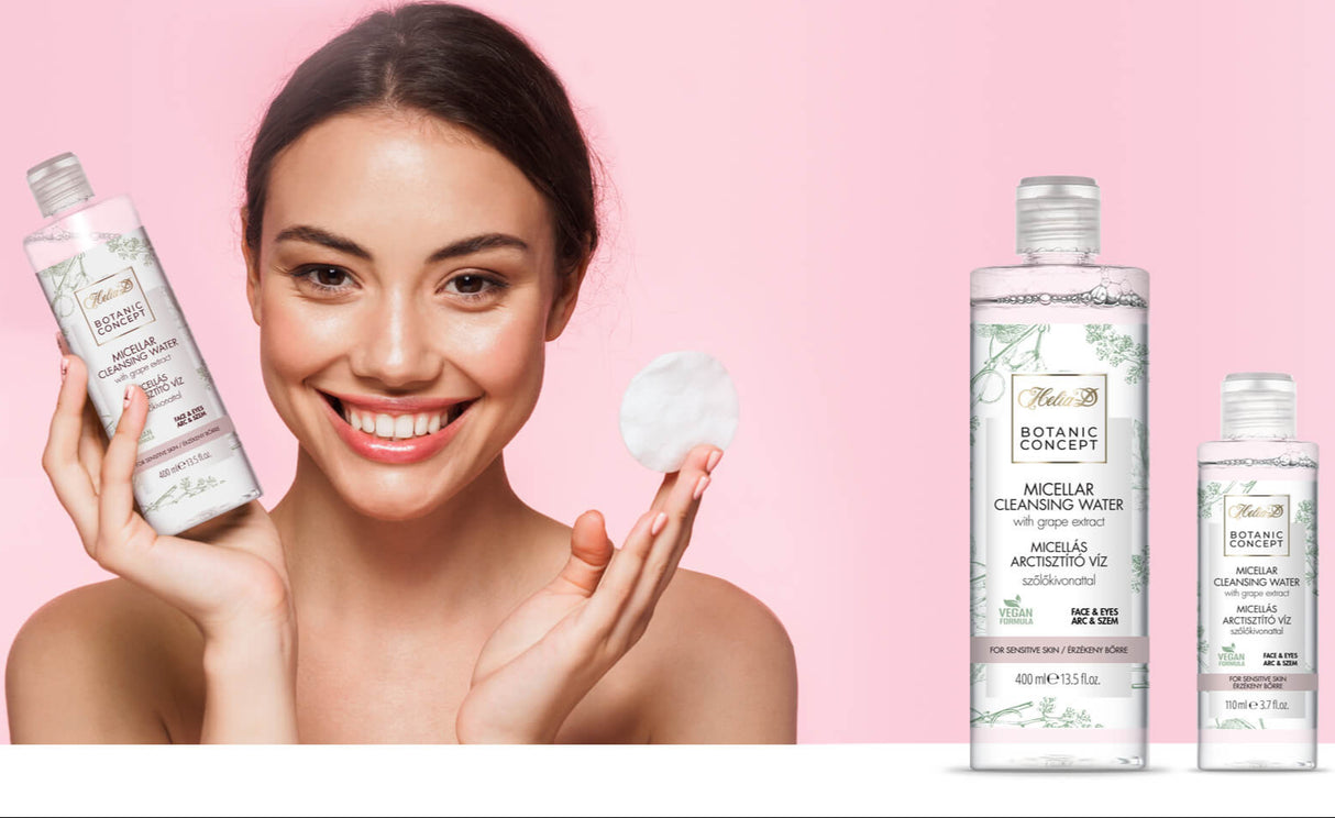A bottle of the best micellar cleansing water to remove makeup and impurities from sensitive skin.