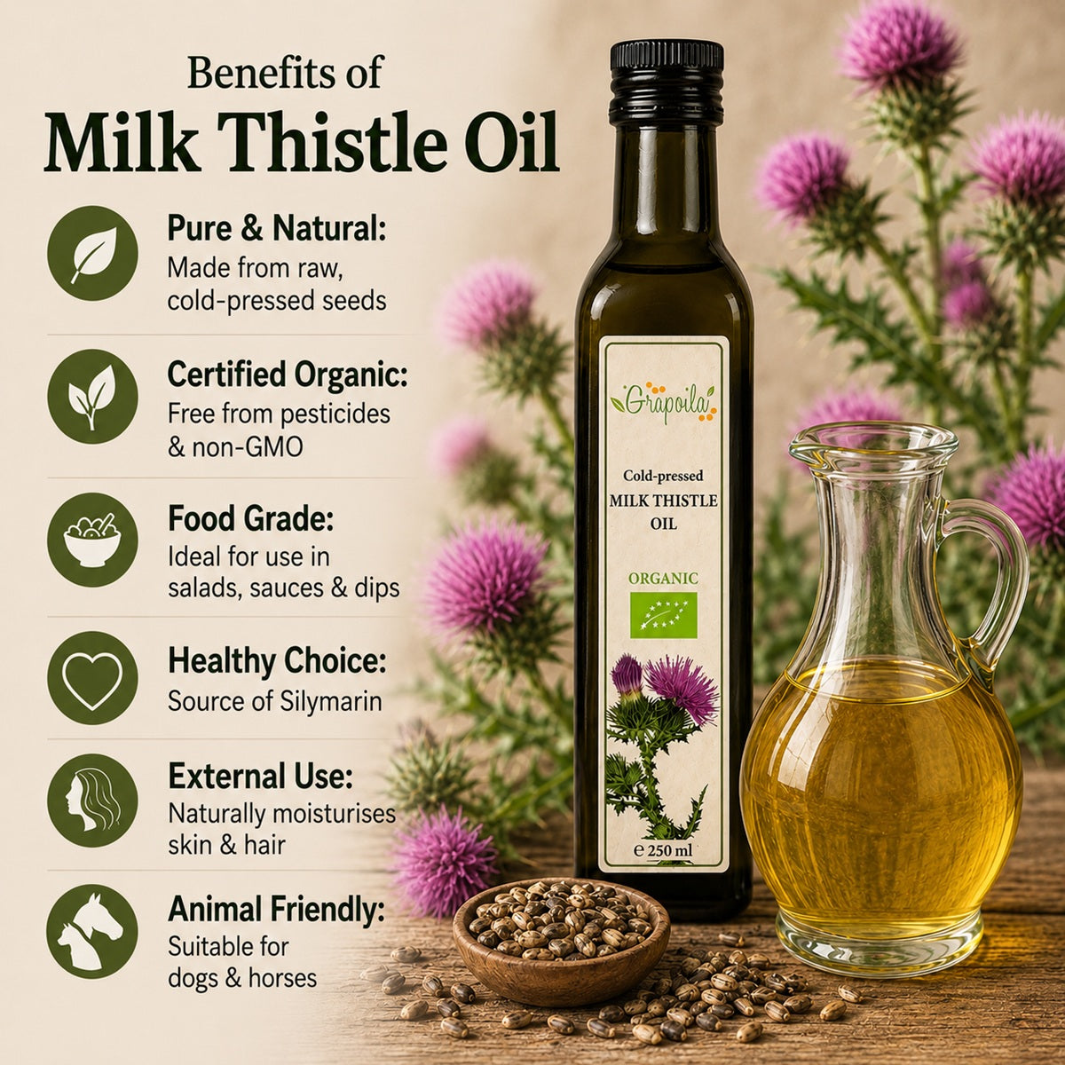 Infographic showing the benefits of using milk thistle oil.
