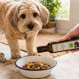 A dog standing over his bowl, watching as milk thistle oil is poured over his food.