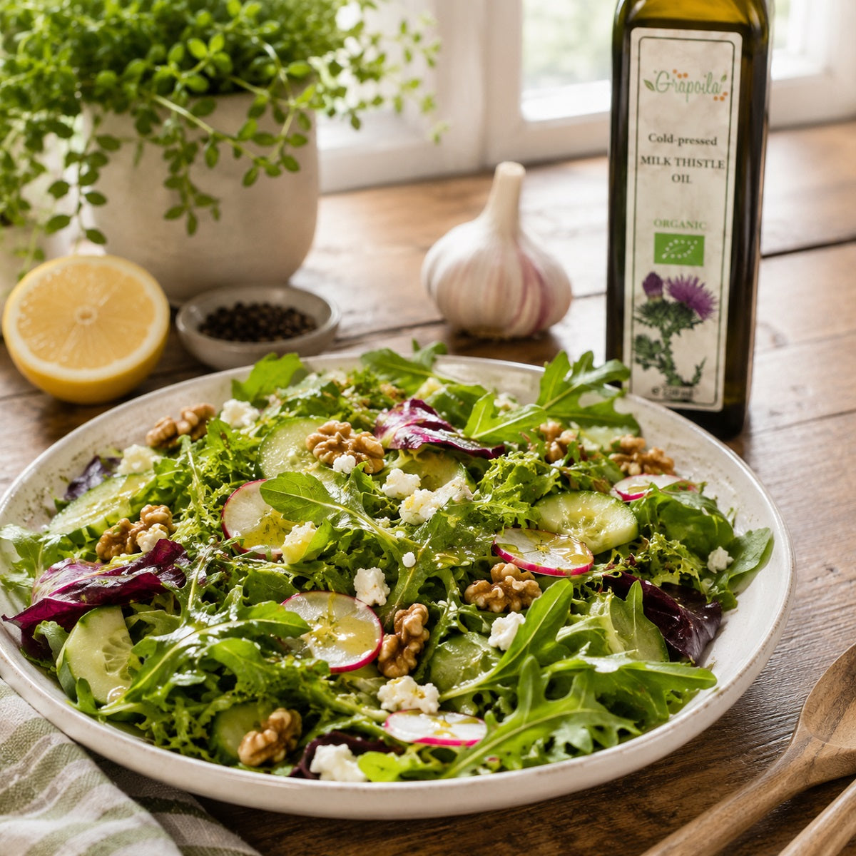 Salad with greens, nuts, and radishes on a wooden table with a bottle of organic milk thistle oil.