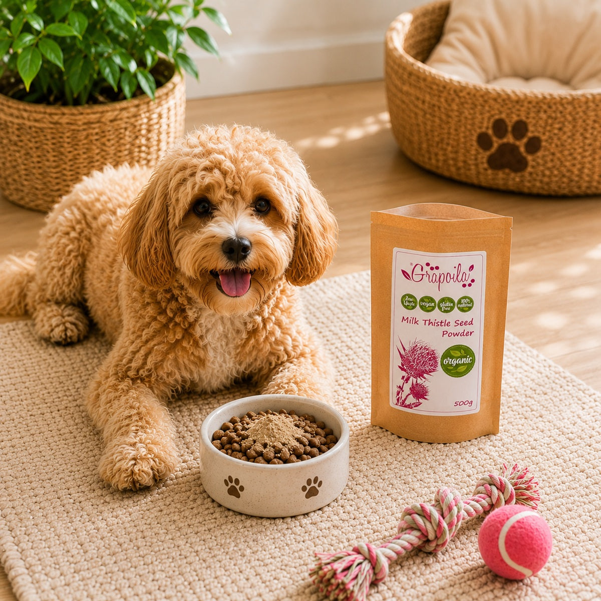 Dog lying on a rug with a bowl of food, a pink ball, and a package of Milk Thistle Powder.