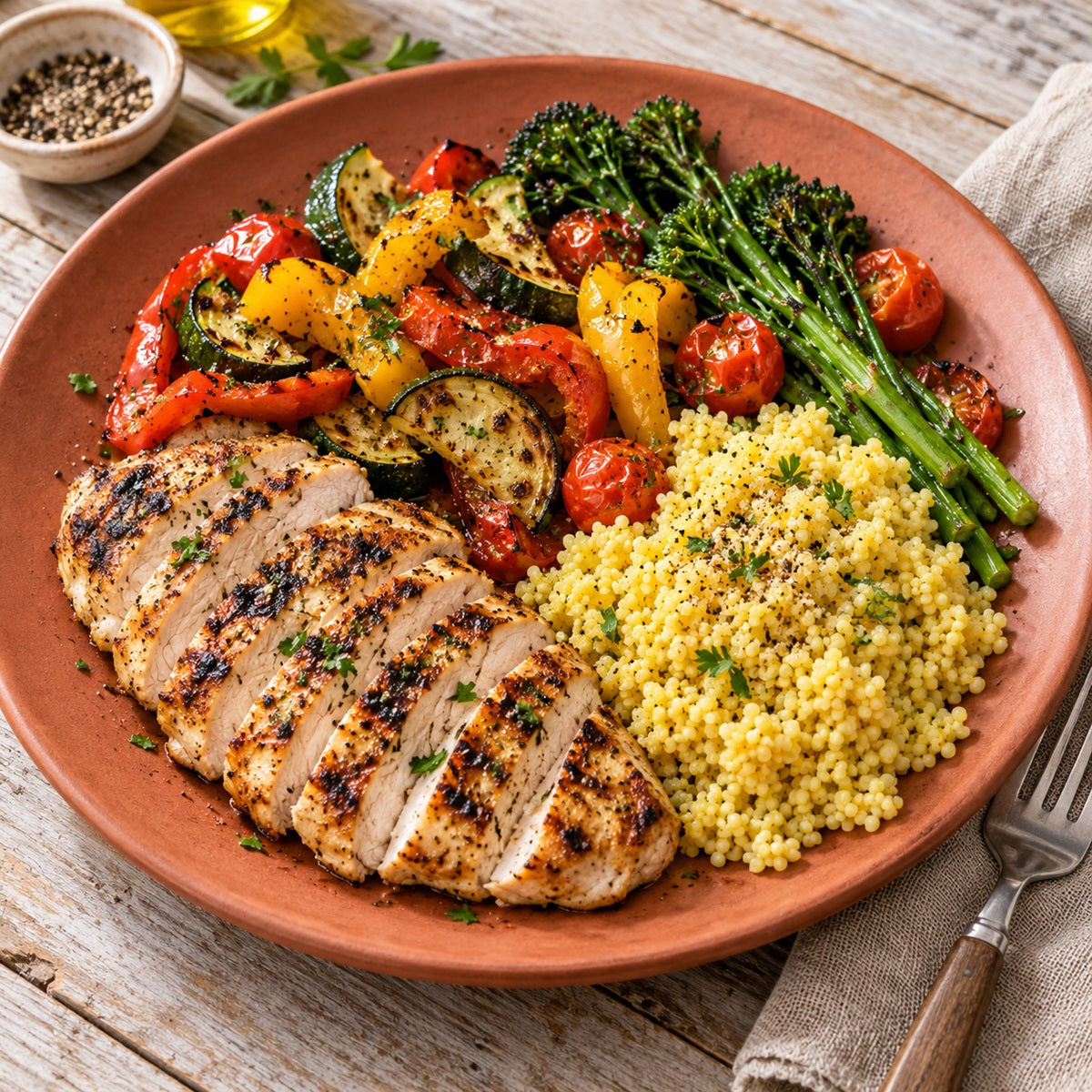 A plated meal featuring sliced grilled chicken breast, cooked yellow millet grains and roasted vegetables.