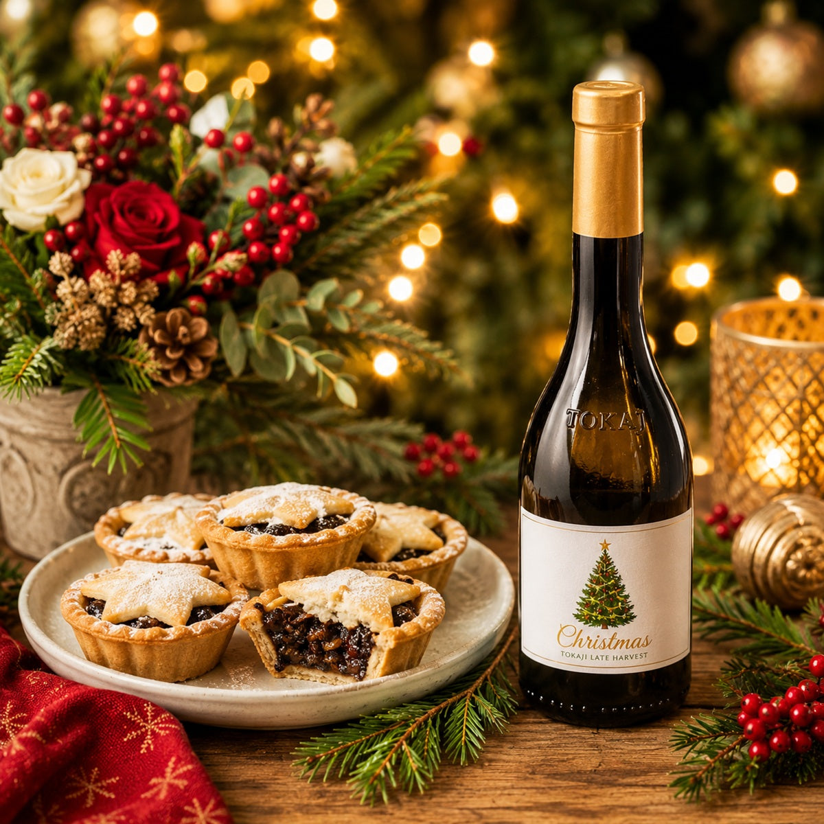 Bottle of sweet wine with a Christmas label next to mince pies on a festive table with decorations.