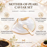 An infographic about a handcrafted  Mother-of-Pearl caviar plate and spoon, an elegant set for serving gourmet food.