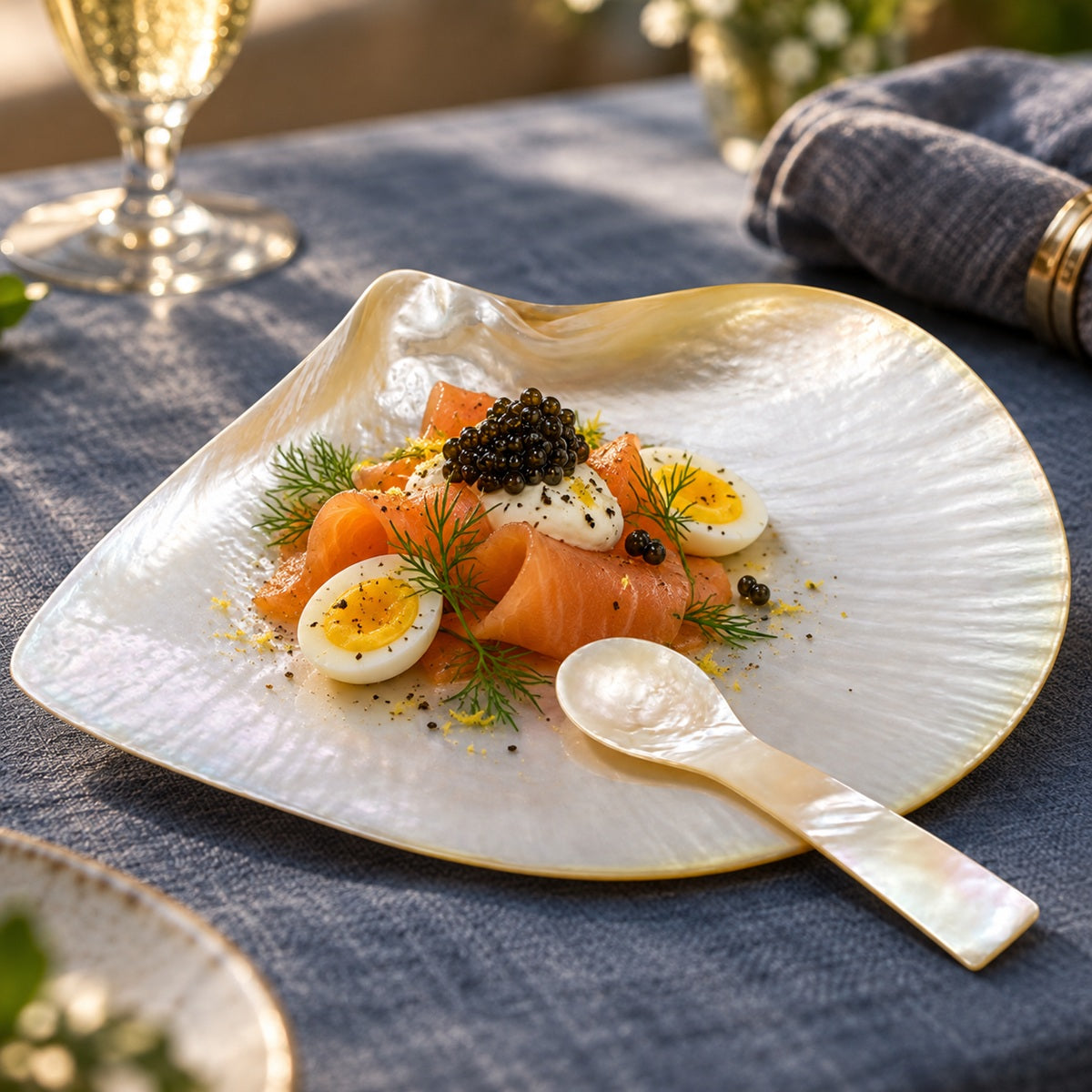 A close-up of a gourmet salmon salad served on a mother-of-pearl shell-shaped plate with a small spoon.
