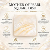 An infographic of a Mother-of-Pearl Square dish, a handcrafted tasting dish for gourmet food and condiments.