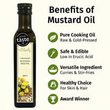 An infographic showing the health and nutritional benefits of eating and using cold pressed mustard seed oil.