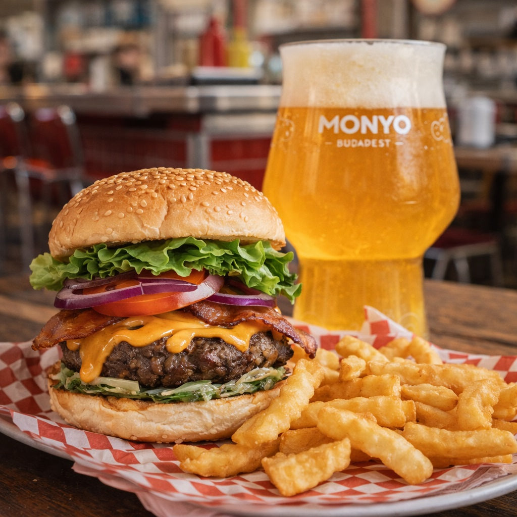 Burger and fries with a glass of New England IPA.