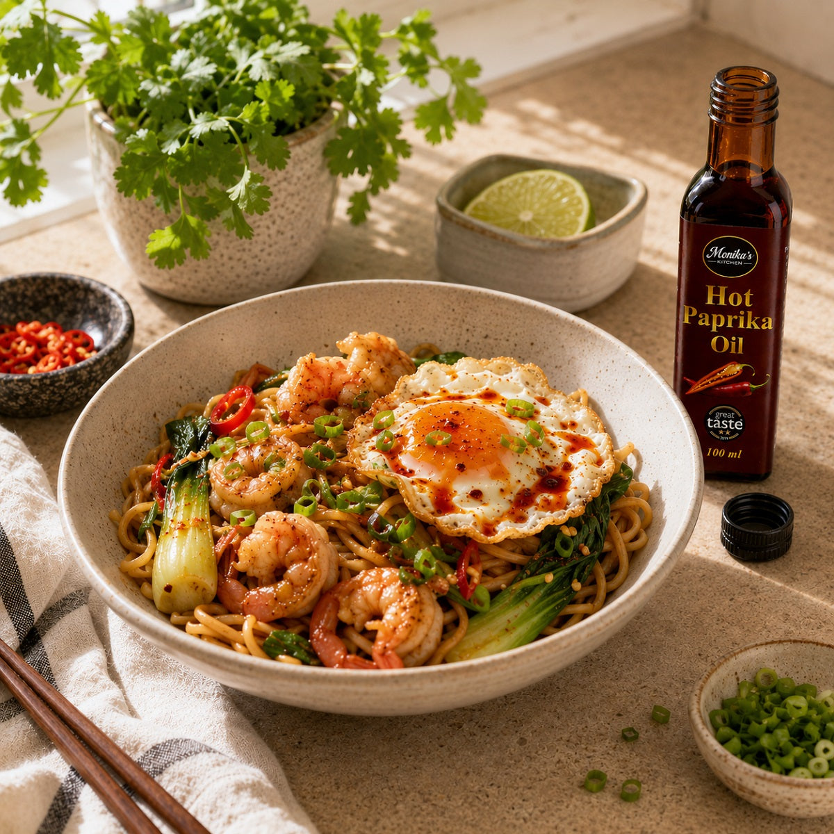 Bowl of noodles with shrimp and an egg, surrounded by ingredients and a bottle of hot paprika chilli oil.