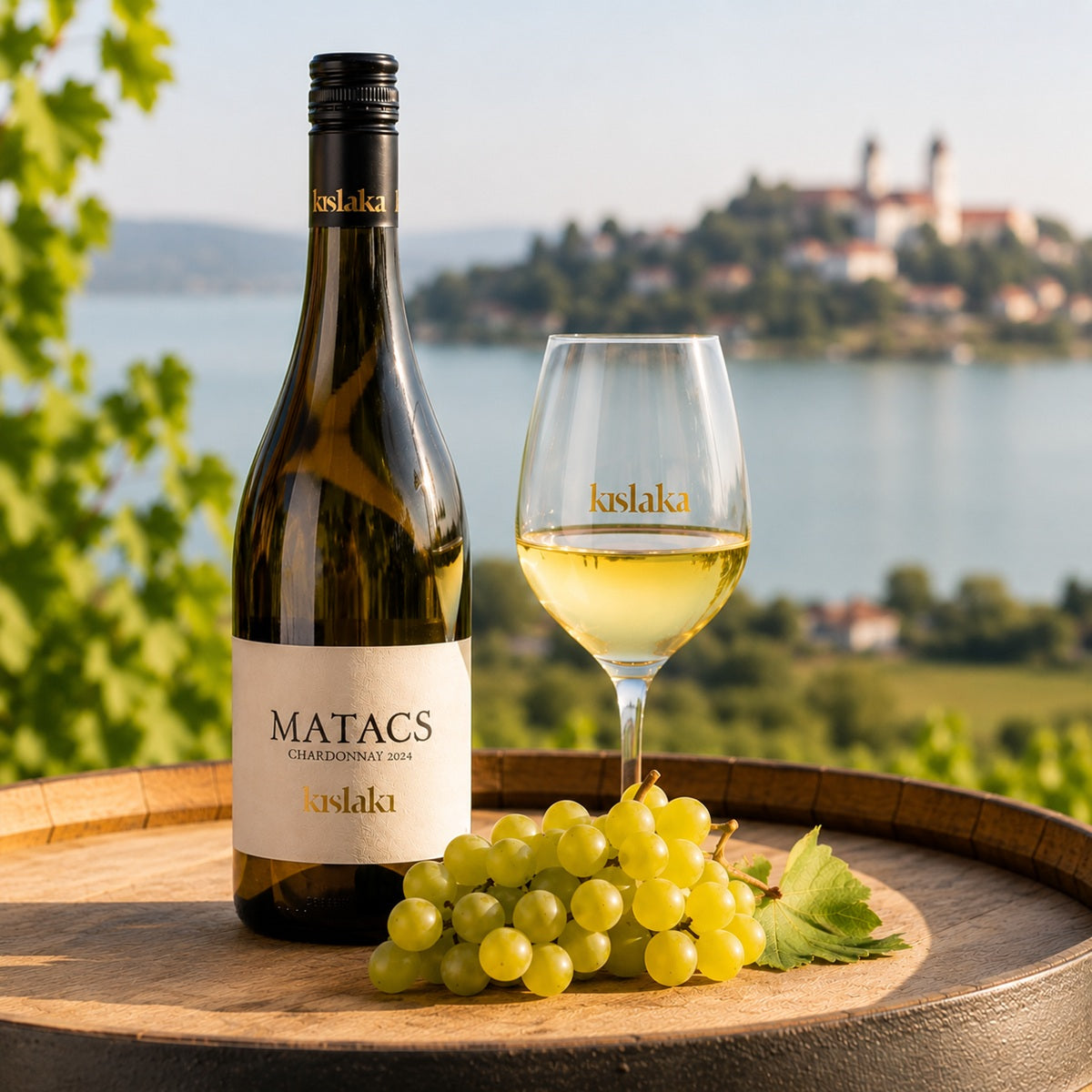 Bottle and glass of oaked chardonnay wine with chardonnay grapes on a wooden oak barrel with a scenic background.