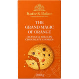 A box of orange chocolate chip cookies made with candied orange peel and Belgian dark chocolate.