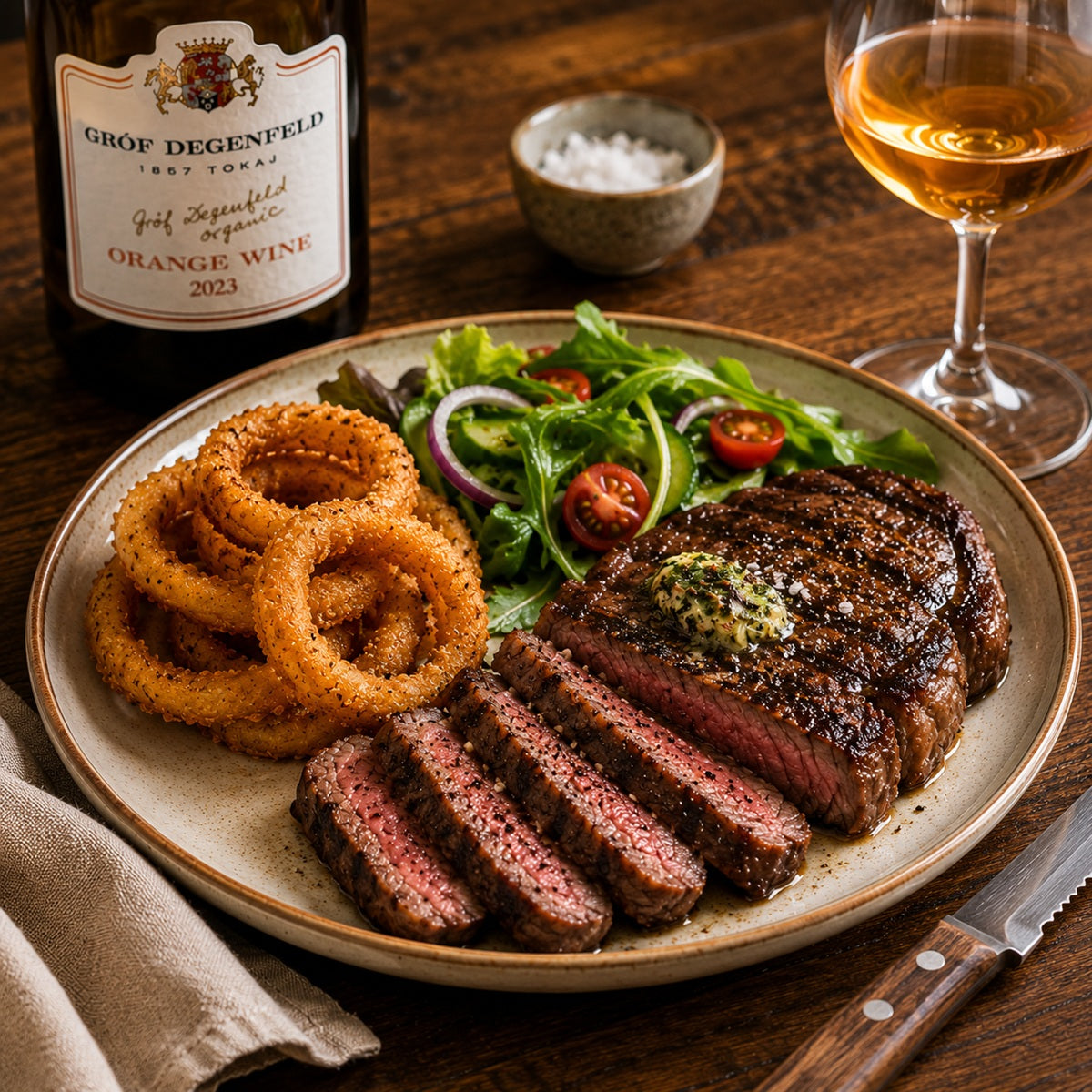Steak with onion rings and salad on a plate with a bottle of orange wine and glass in the background.