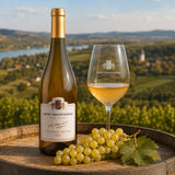Bottle and glass of orange wine with grapes on a wooden barrel against a scenic vineyard background.