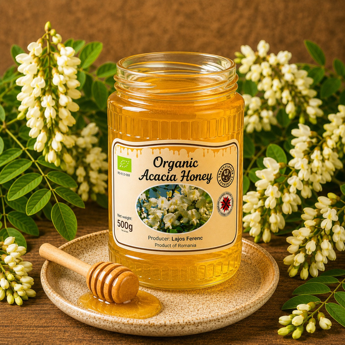 Jar of organic acacia honey with a honey dipper on a wooden surface surrounded by acacia flowers.