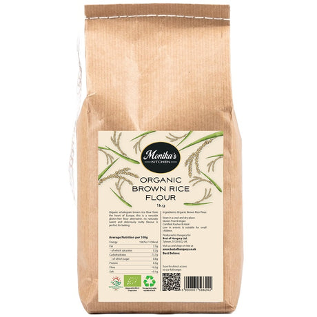A pack of finely ground organic wholegrain brown rice flour.