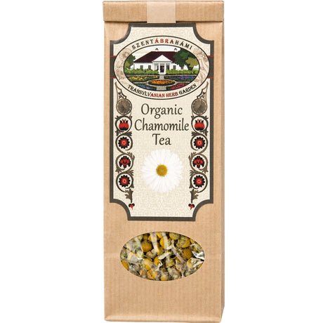Pack of organic chamomile tea, this is a loose-leaf tea made from chamomile flowers.