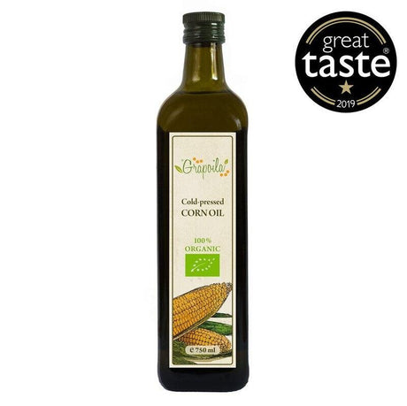 A bottle of organic corn oil, a healthy cold-pressed vegetable oil best used for cooking and frying.