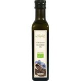 Bottle of organic cold-pressed flaxseed oil with a label on a white background