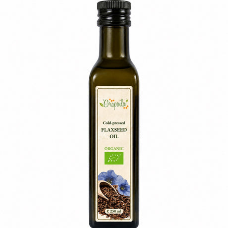 Bottle of organic cold-pressed flaxseed oil with a label on a white background
