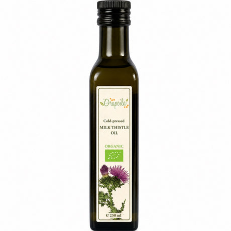 Bottle of cold-pressed organic milk thistle oil.