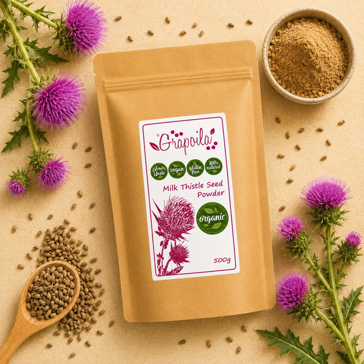 Organic milk thistle powder with milk thistle seeds and flowers around it.