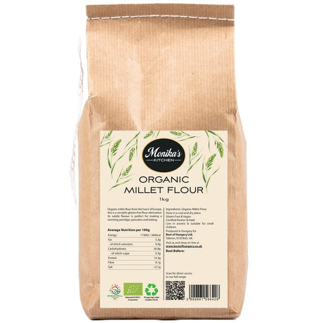 A packet of organic millet flour from ground whole millet grains.