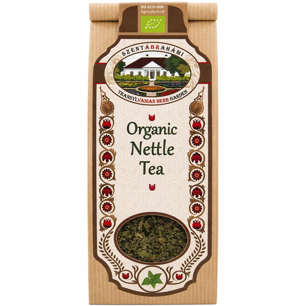 Pack of organic nettle tea made from dried stinging nettle leaves.