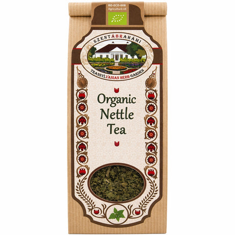 Pack of organic nettle tea made from dried stinging nettle leaves.