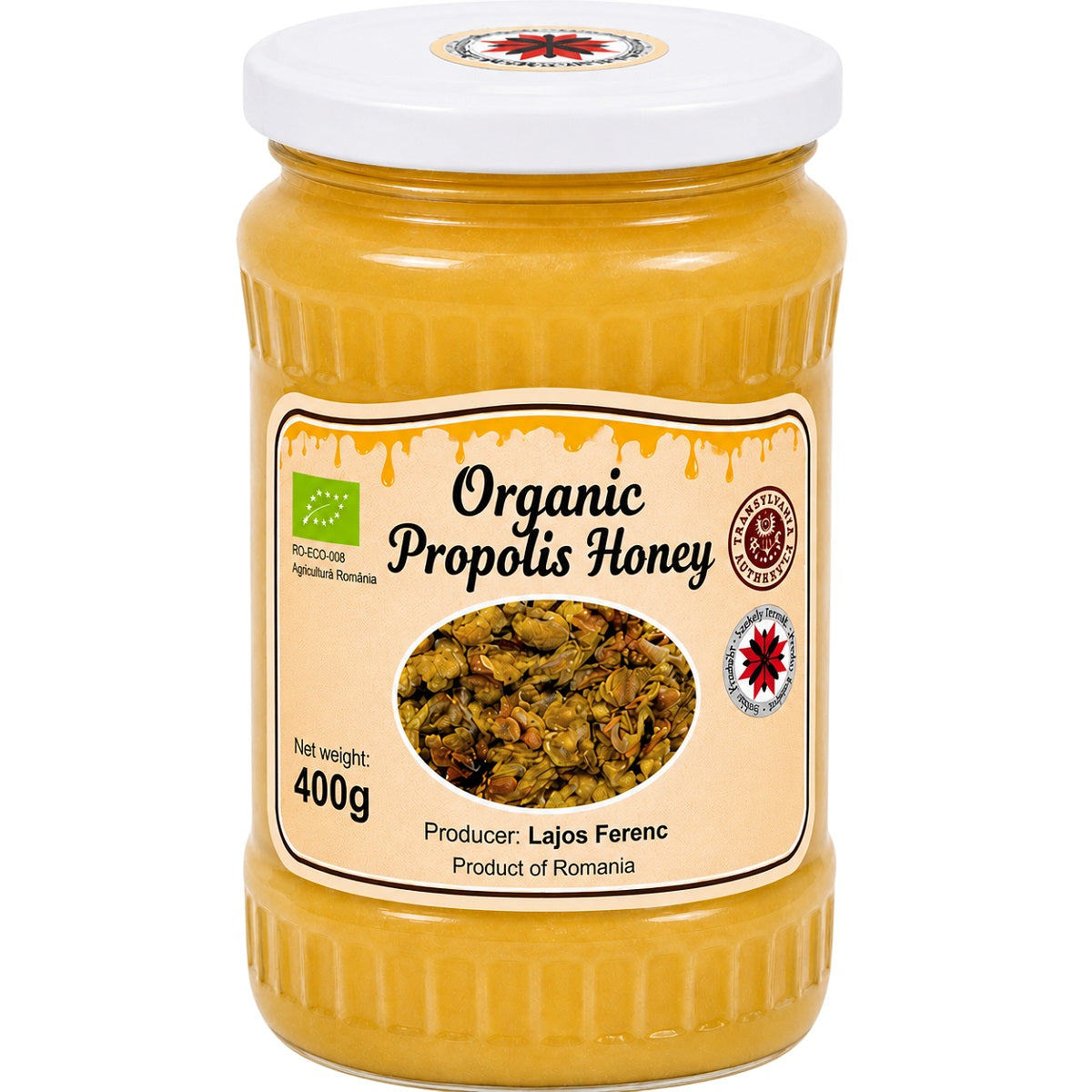 Jar of organic propolis honey.