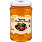 A jar of organic raspberry honey.