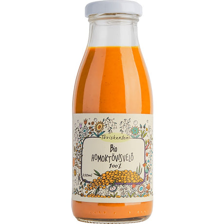 Bottle of organic sea buckthorn juice made with 100% raw berries.