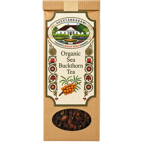 Bag of sea buckthorn tea made from organic sea buckthorn berries.