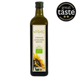 A bottle of organic cold-pressed sunflower oil, a healthy cooking oil best used for grilling and frying.