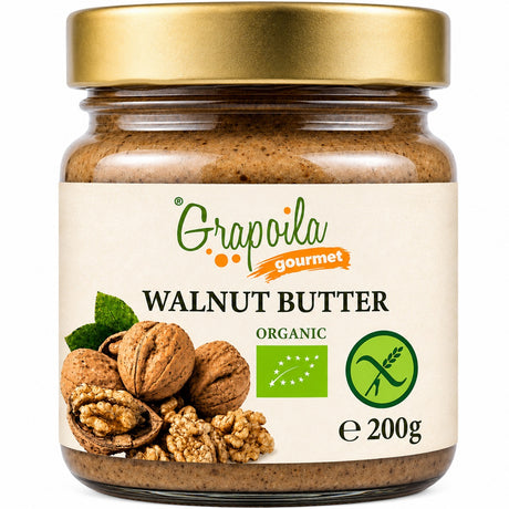 Jar of organic walnut butter: this healthy nut butter is a vegan spread made from fresh, raw walnuts.