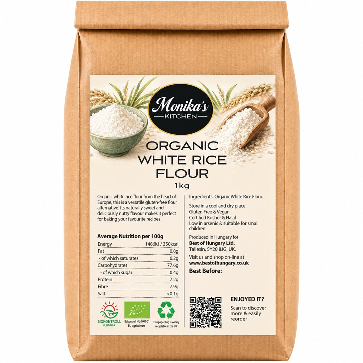 Monika’s Kitchen organic white rice flour, stone-ground in Hungary for gluten-free baking, cooking and thickening sauces.