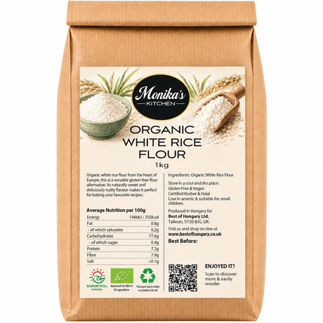 Monika’s Kitchen organic white rice flour, stone-ground in Hungary for gluten-free baking, cooking and thickening sauces.