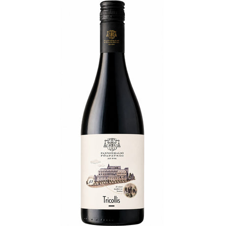 Bottle of Pannonhalma Tricollis Red wine from the Pannonhalmi Archabbey in Hungary.