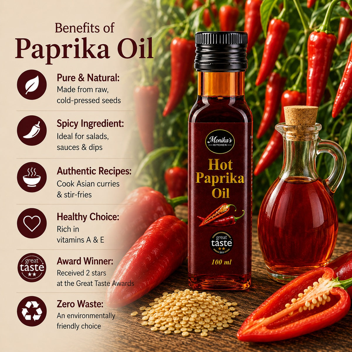 Infographic showing the health and nutritional benefits of cooking with paprika oil.