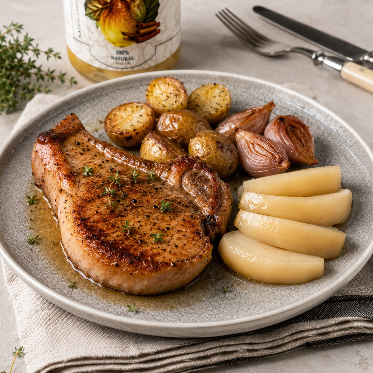A plated cooked pork chop with roasted potato, caramelised onions, and slices of pear compote on a ceramic plate.