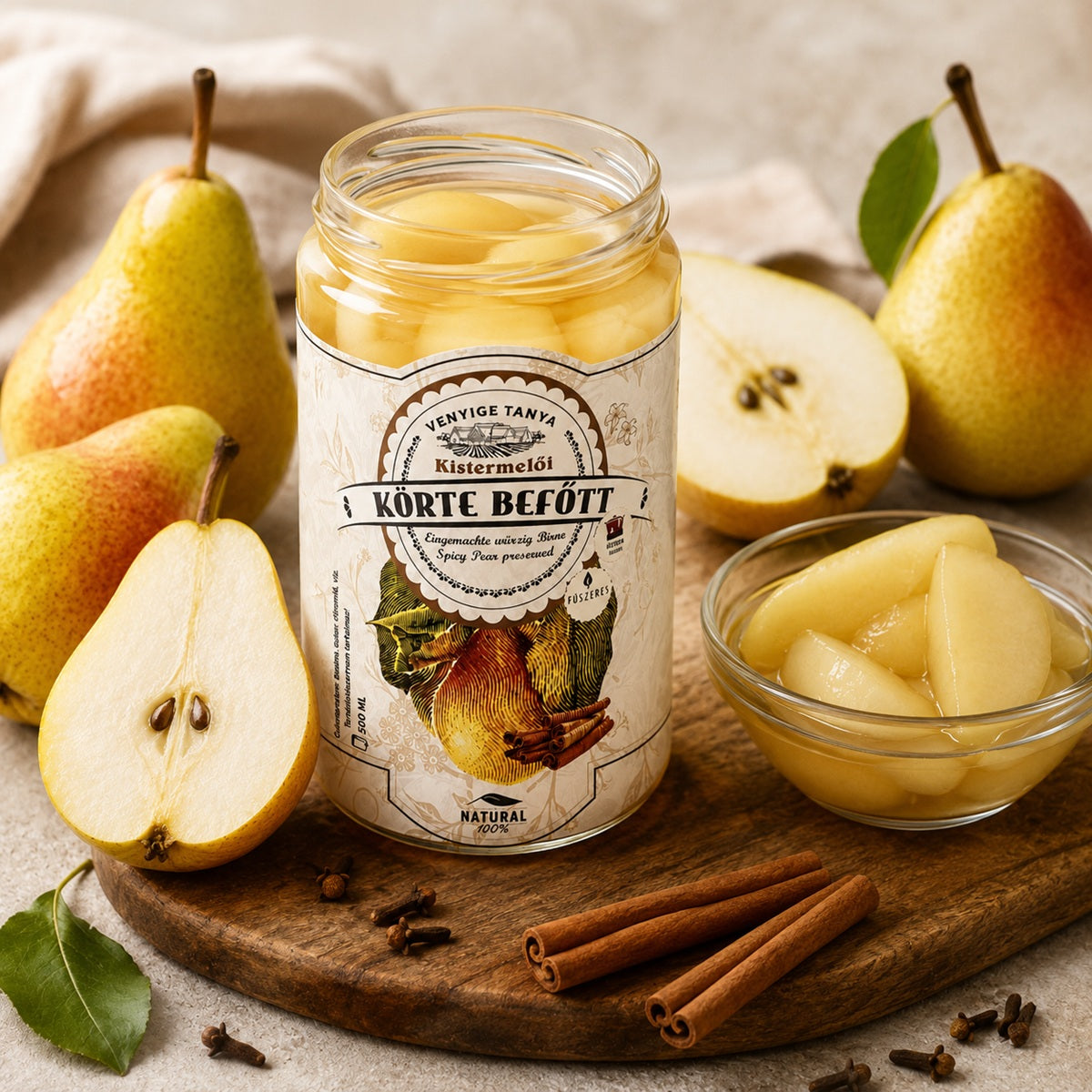 Jar of pear compote slices with fresh pears, cinnamon sticks, and cloves on a neutral fabric background.