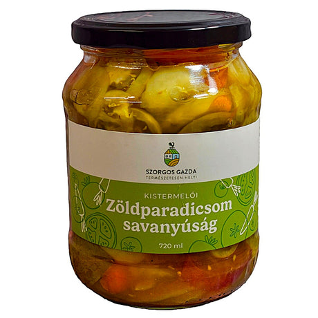 A can of pickled green tomatoes made using a traditional recipe.